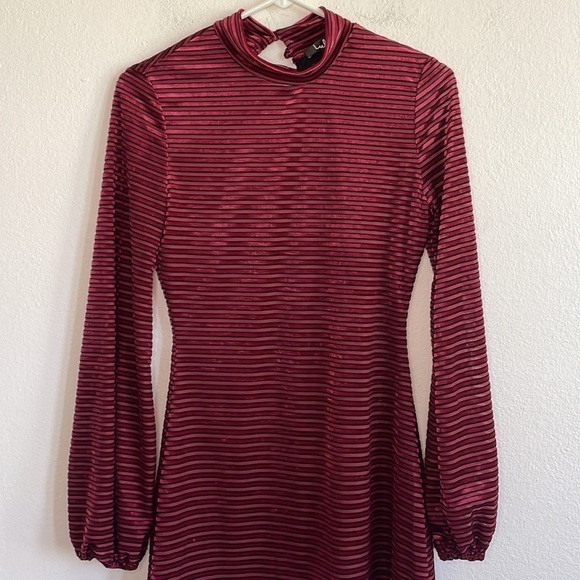 LULUS TICKET TO CHIC BURGUNDY STRIPED BELVET BALLOON SLEEVE DRESS - Picture 3 of 7